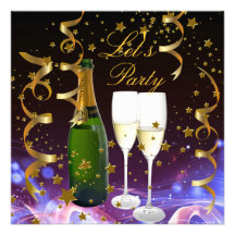 Let's Party Champagne Gold Stars Streamers Personalized Invitation