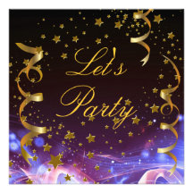 Let's Party Invitation Gold Stars Streamers Blue