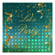 Let's Party Invitation Gold Stars Streamers Green