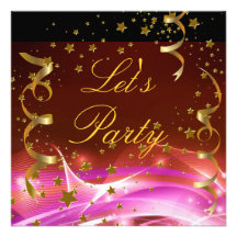 Let's Party Invitation Gold Stars Streamers Pink