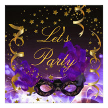 Let's Party Invitation Purple Gold Stars Mask