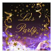Let's Party Invitation Purple Gold Stars Streamers