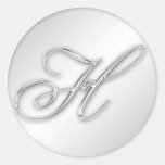 Letter H script initial faux silver monogram favou Round Sticker