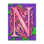 Letter N Monogram Initial on Pink Purple Cards postcards