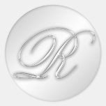 Letter R script initial faux silver monogram favou Round Stickers