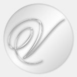 Letter V script initial faux silver monogram favou Round Stickers
