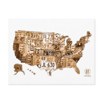 License Plate Map of the USA Sepia Postcard