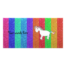 Licorne avec des rayures de scintillement d'arc-en photocarte customisée