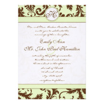 Light Apple Green Brown Damask Wedding Invitation