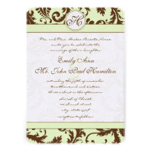 Light Apple Green Brown Damask Wedding Invitation