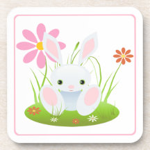 Light Blue Bunny With Flowers Easter Drink Coasters