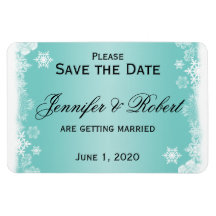 Light Blue White Snowflake Wedding Save the Date Rectangular Magnets
