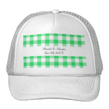 Light green gingham pattern wedding favours trucker hats