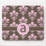 Light Pink Damask Brown Mousepad Initial "a"