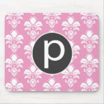 Light Pink Damask Mousepad Black Circle Initial p