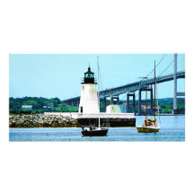 Lighthouse, Bridge and Boats, Newport, RI Photo Greeting Card