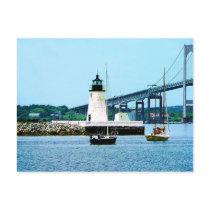 Lighthouse, Bridge and Boats, Newport, RI Post Card