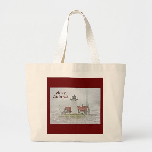 Lighthouse in Snow Merry Christmas Tote Bag
