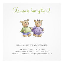 Lil' Bears · Baby Twins Green & Purple Personalized Invites