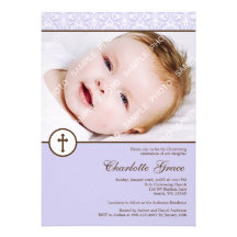 Lilac Damask Cross Girl Photo Baptism Christening Announcement