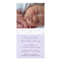 Lilac Damask Monogram Baptism/Christening Customized Photo Card