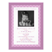 Lilac Gingham Dream Baby Photo Birth Announcements