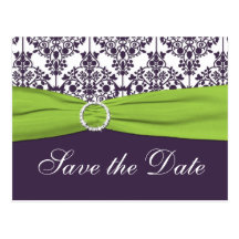 Lime and Purple Damask Save the Date Postcard