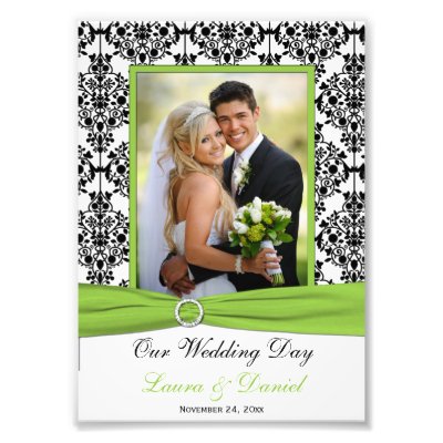 This black and white damask photo print with lime green FAUX ribbon and