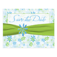 Lime Green and Blue Floral Save the Date Postcard