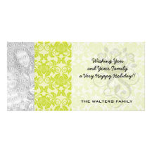 lime green and creme floral damask pattern customized photo card