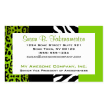 Lime Green & Black Animal Print Zebra and Leopard Business Cards