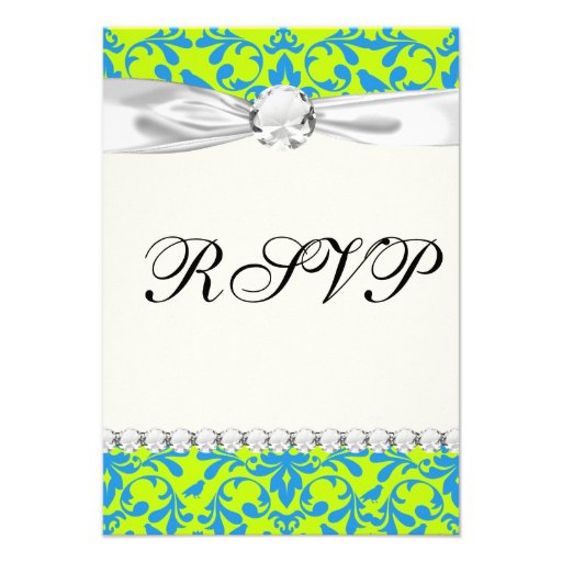 lime green bright blue bird damask pattern custom announcements