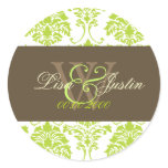 Lime green Damask monogram wedding stickers