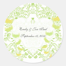 Lime Green Whimsical Love Birds Wedding Stickers
