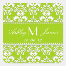 Lime Green White Damask Save the Date Sticker stickers
