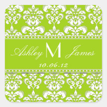 Lime Green White Damask Save the Date Sticker