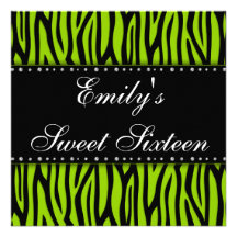 Lime Green Zebra Diamonds Sweet 16 Birthday Personalized Invitation