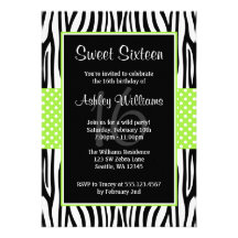 Lime Green Zebra Polka Dot Sweet 16 Invitations
