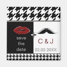 lips and mustache houndstooth save the date fridge magnet