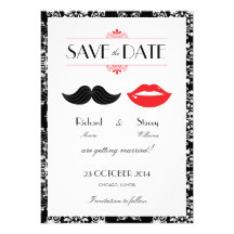 Lips Moustache Damask Wedding Save the Date Invite