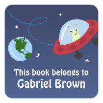 Little alien in space cartoon bookplate stickers