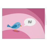 Little blue bird with speech bubble on pink greeting card