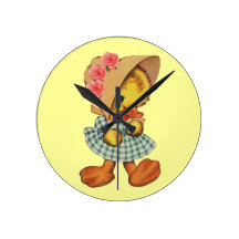 Little Duck in Dress and Bonnet Round Clocks