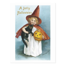 Little Girl and Black Cat Jolly Halloween Postcard