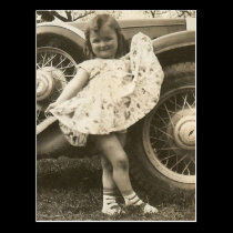 little girl by car with dress post card postcards