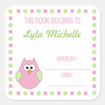 Little girl owl book plate label for baby showers sticker