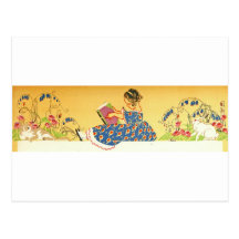Little Girl reading with bunnies Post Card