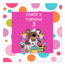 Little Girls CUPCAKE & Bears  Birthday Party Invit Invite