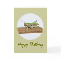 Little Green Grasshopper Cartoon Birthday Greeting Cards