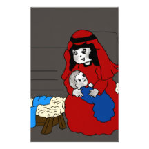 Little Mary and Baby Jesus in Red Stationery Design